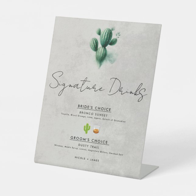 Watercolor Green Cactus Wedding Signature Drinks Pedestal Sign (Front)
