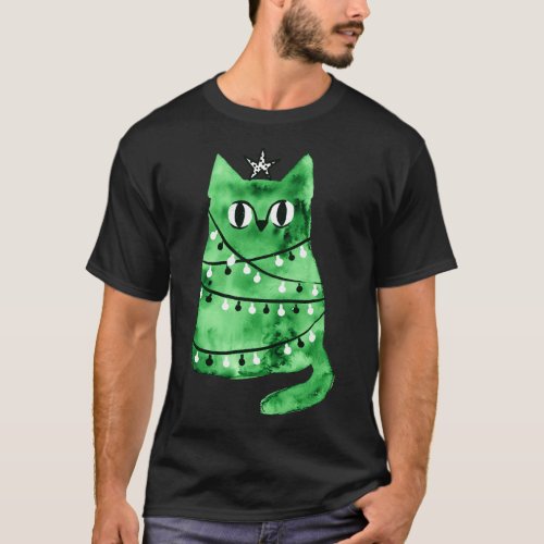 Watercolor green Christmas cat T_Shirt