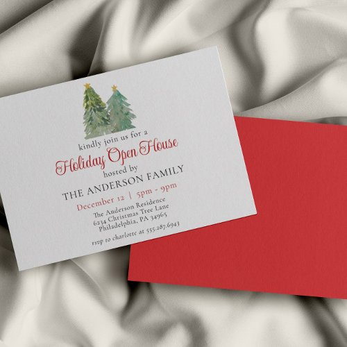Watercolor Green Christmas Tree Holiday Open House Invitation