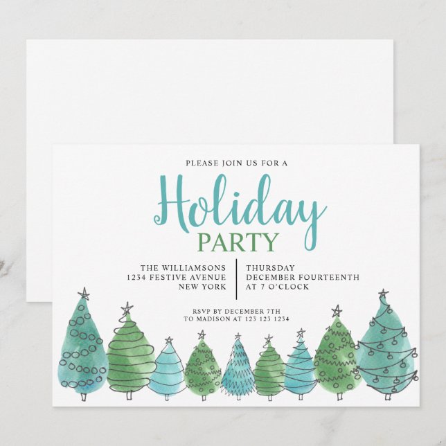 Watercolor Green Christmas Trees Holiday Party  Invitation (Front/Back)