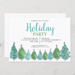 Watercolor Green Christmas Trees Holiday Party Invitation