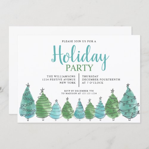 Watercolor Green Christmas Trees Holiday Party  Invitation