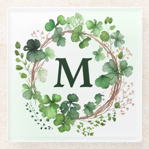 Watercolor Green Clover Wreath St Patricks Day Glass Coaster