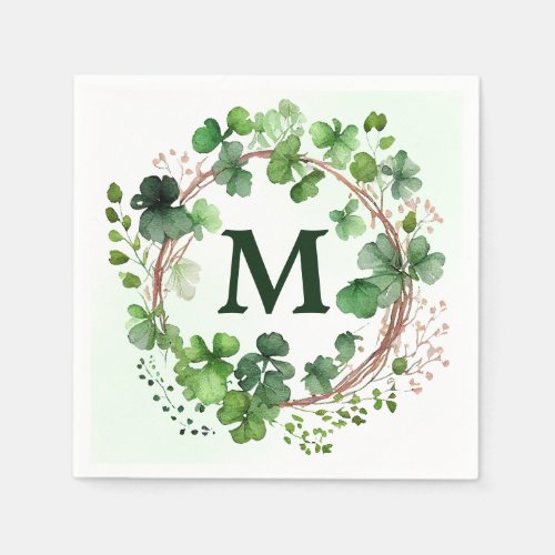 Watercolor Green Clover Wreath St Patricks Day Napkins