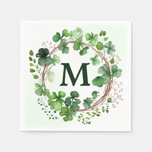 Watercolor Green Clover Wreath St Patrick's Day Napkins (Front)