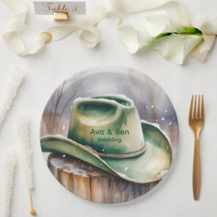 Watercolor Green Cowboy Hat in Snow Wedding Paper Plates