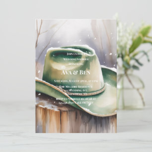 Watercolor Green Cowboy Hat in Snow Wedding Shower Invitation
