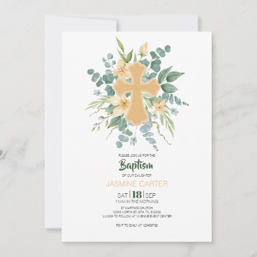 Watercolor Green Cross Floral Baptism Invitation