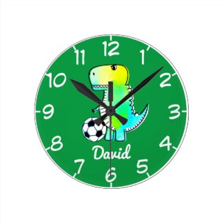 Watercolor Green Dinosaur With Custom Name  Round Clock