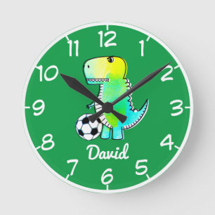 Watercolor Green Dinosaur With Custom Name Round Clock