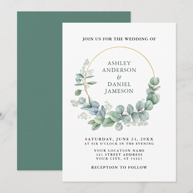 Watercolor Green Eucalyptus Gold Wedding Invitation (Front/Back)