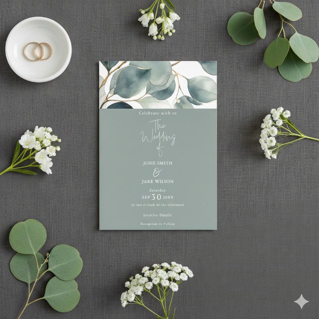 Watercolor green Eucalyptus Wedding Invitation (Watercolor green Eucalyptus Wedding Invitation. Botanical leafy top border.)