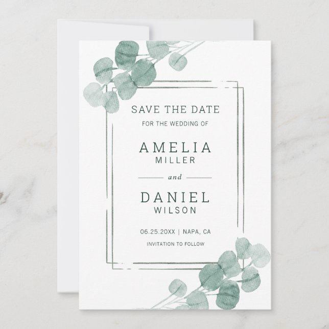 Watercolor Green Eucalyptus Wedding Save The Date (Front)