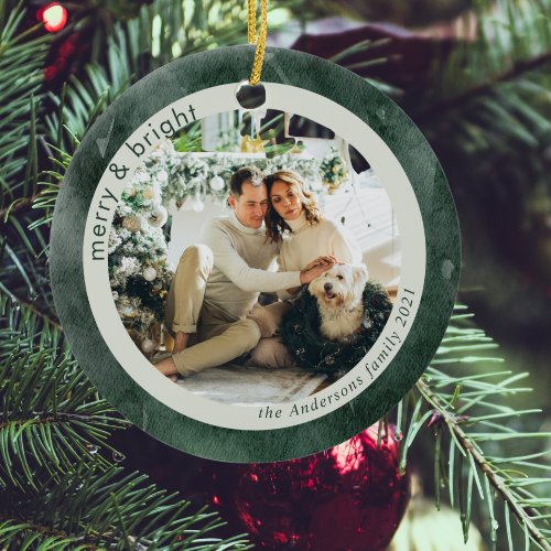 Watercolor Green Family Photo  Merry And Bright Ceramic Ornament