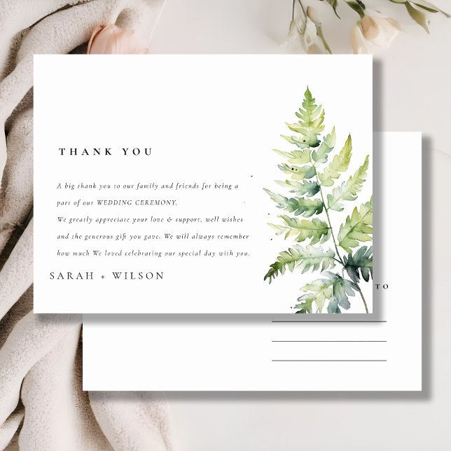 Watercolor Green Fern Foliage Thank You Wedding Postcard (Creator Uploaded)