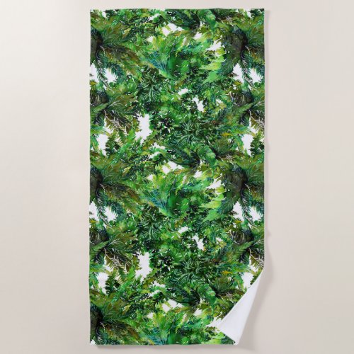 Watercolor green fern forest fall pattern beach towel