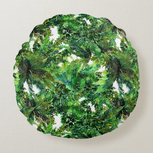Watercolor green fern forest fall pattern round pillow