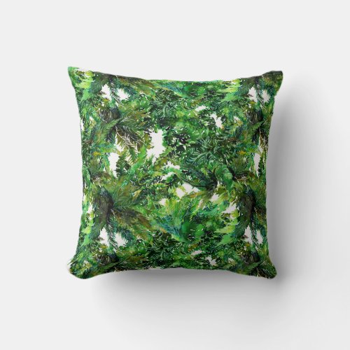 Watercolor green fern forest fall pattern throw pillow