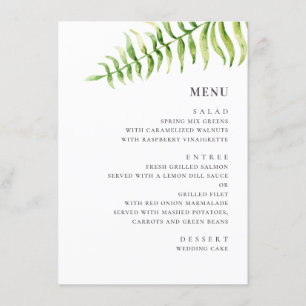 Watercolor green fern. Greenery botanical wedding Menu