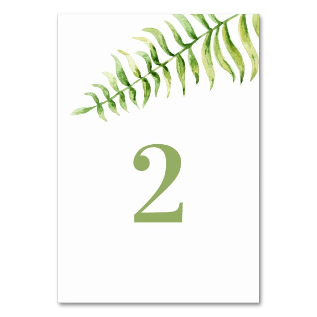 Watercolor green fern. Greenery botanical wedding Table Number (Front)