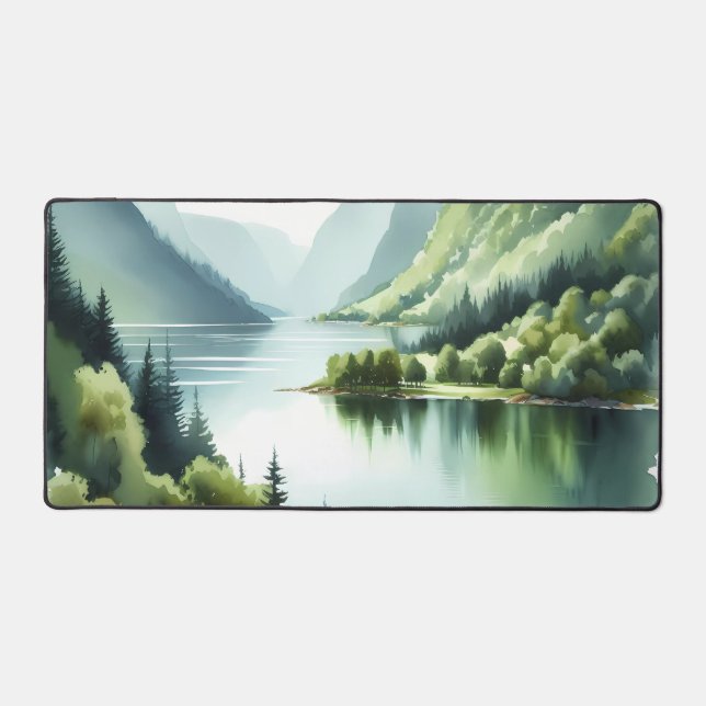 Watercolor green fjords desk mat (Front)
