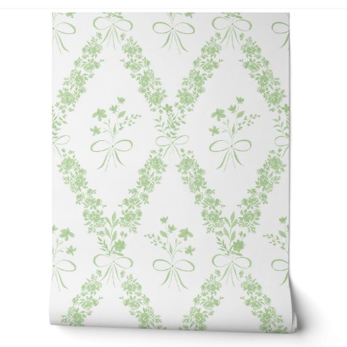Watercolor Green Floral Bow Baby Girl Nursery Wallpaper