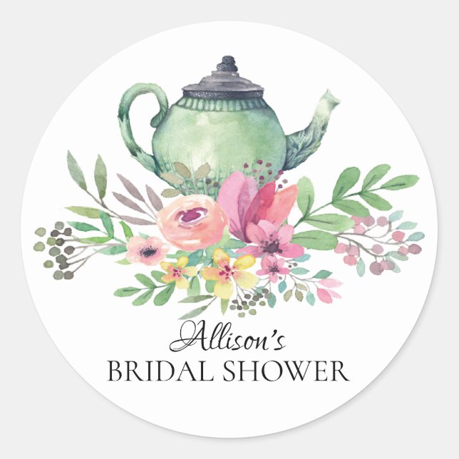 Watercolor Green Floral Bridal Tea Party Sticker (Front)