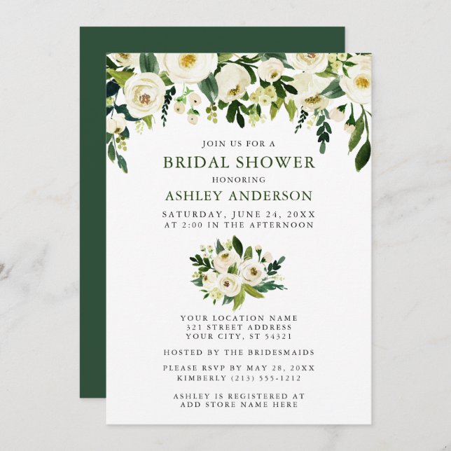 Watercolor Green Floral Elegant Bridal Shower Invitation (Front/Back)