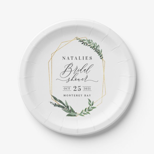 watercolor green floral elegant bridal shower  paper plates (Front)