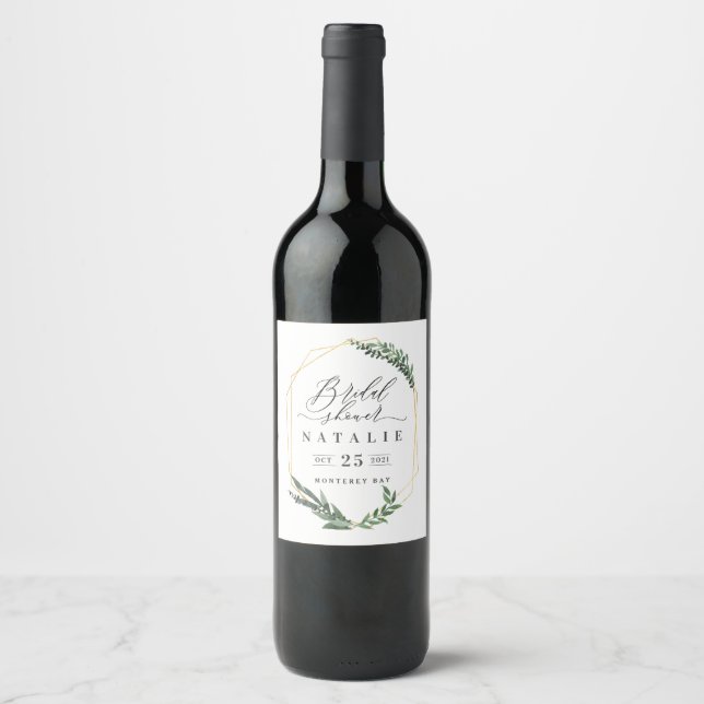 watercolor green floral elegant bridal shower wine label (Front)