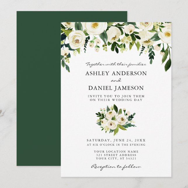 Watercolor Green Floral Elegant Wedding Invitation (Front/Back)