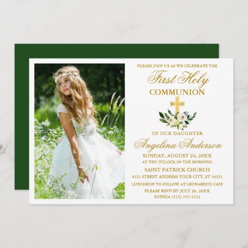 Watercolor Green Floral First Holy Communion Invitation