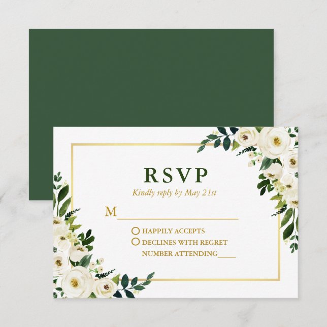 Watercolor Green Floral Gold Frame Wedding RSVP Card (Front/Back)