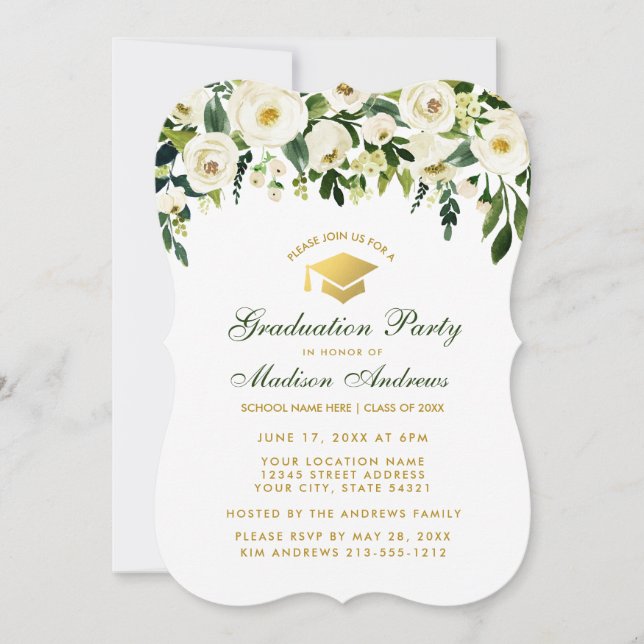 Watercolor Green Floral Graduation Party Invite B (Front)