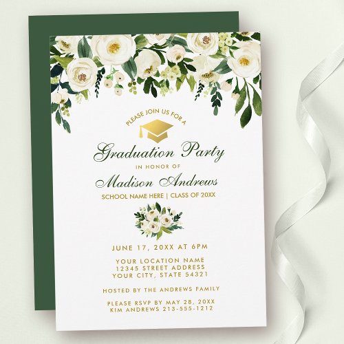 Watercolor Green Floral Graduation Party Invite GB