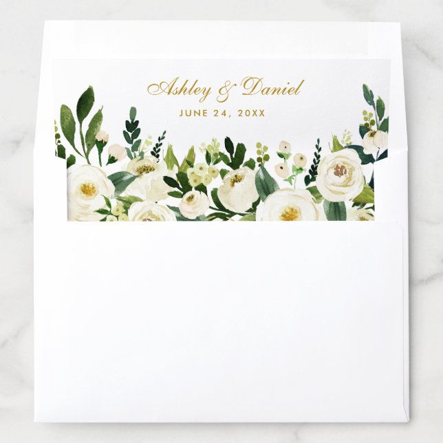 Watercolor Green Floral Wedding Gold Envelope Liner (In Envelope)
