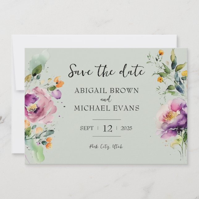 Watercolor Green Floral Wedding Save The Date (Front)