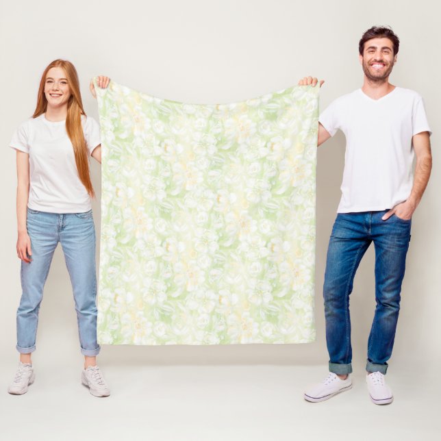 Watercolor green flowers fleece blanket (In Situ)