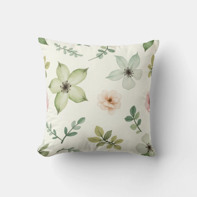 Watercolor green flowers pattern throw pillow (Front)