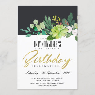WATERCOLOR GREEN FOLIAGE BLACK ANY AGE BIRTHDAY INVITATION