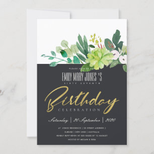 WATERCOLOR GREEN FOLIAGE BLACK ANY AGE BIRTHDAY INVITATION