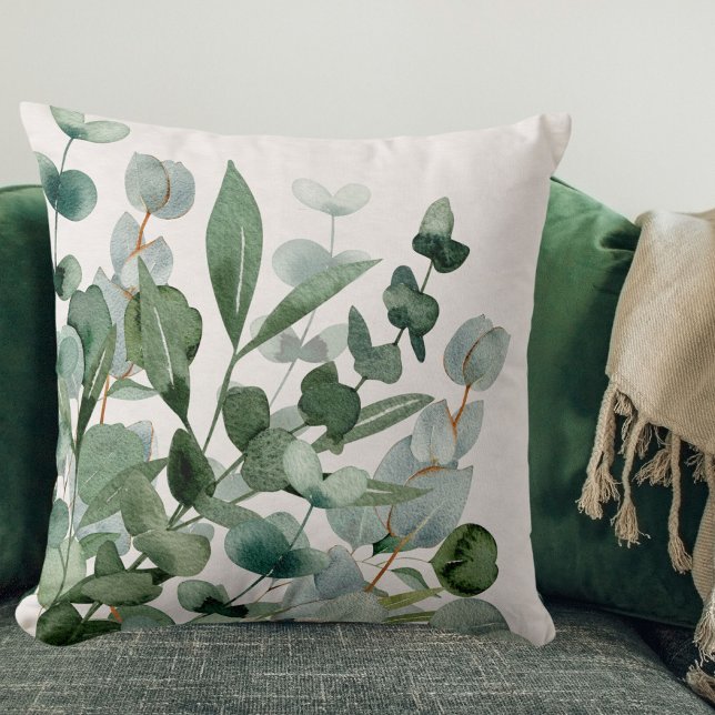Watercolor Green Foliage Greenery Leaves Throw Pillow (In situ)
