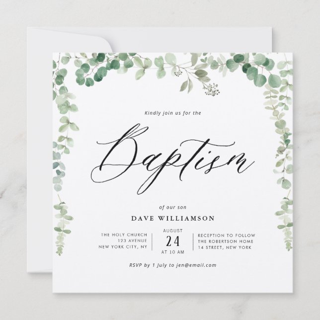 watercolor green foliage kraft baptism invitation (Front)