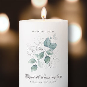 Watercolor Green Foliage Leaves Memorial Pillar Candle