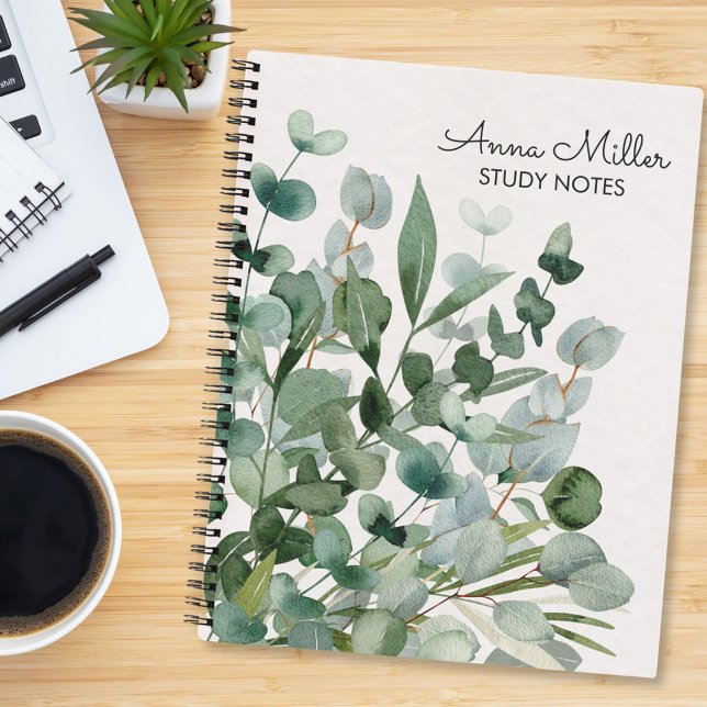 Watercolor Green Foliage Leaves Modern Notebook (In situ)