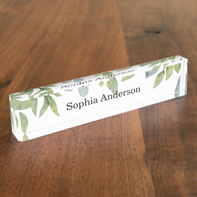 Watercolor Green Foliage Salon  Desk Name Plate (Side)
