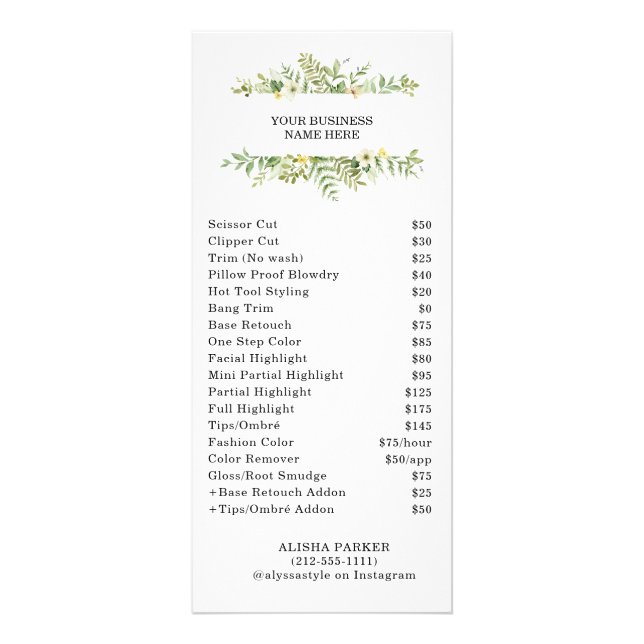 Watercolor Green Foliage Salon Rack Card (Front)