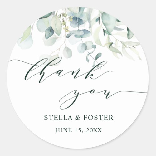 Watercolor Green Foliage Thank You Classic Round Sticker