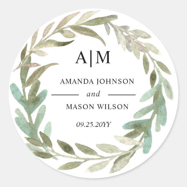 Watercolor Green Foliage Wedding Monogram Sticker (Front)