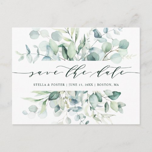 Watercolor Green Foliage Wedding Save the Date Announcement Postcard